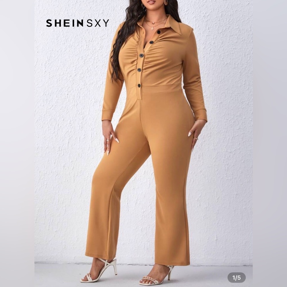 SHEIN Tan Button-Up Jumpsuit